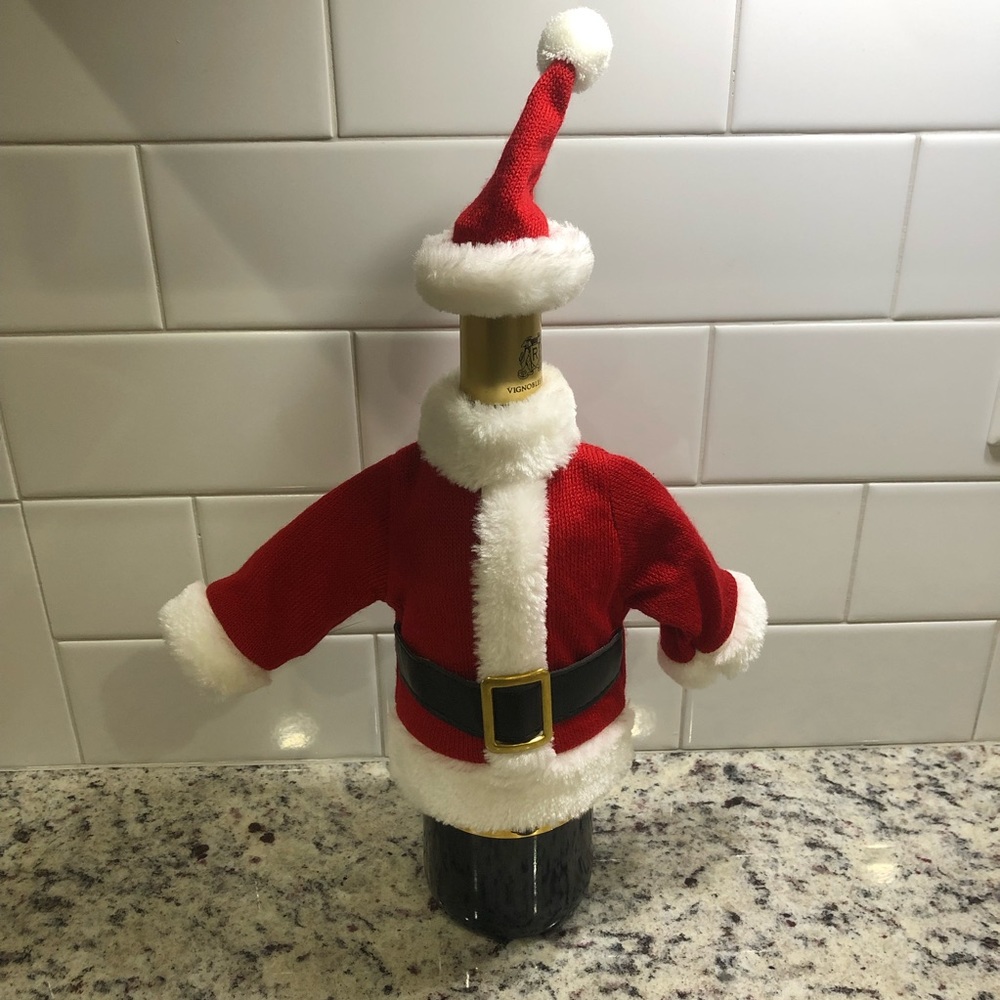 Santa Claus hat and coat wine bottle cover Christmas holiday decor